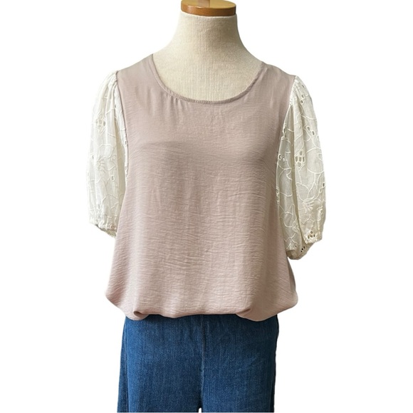 Anthropologie Dolan Embroidered Eyelet Puff Short Sleeve, Tan, size XL - Picture 4 of 13